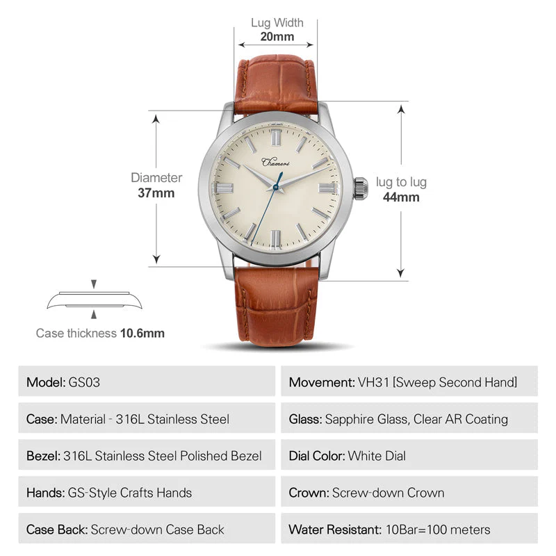Chameri 37mm VH31 Sweep Second Quartz Watch GS03 - Image 8