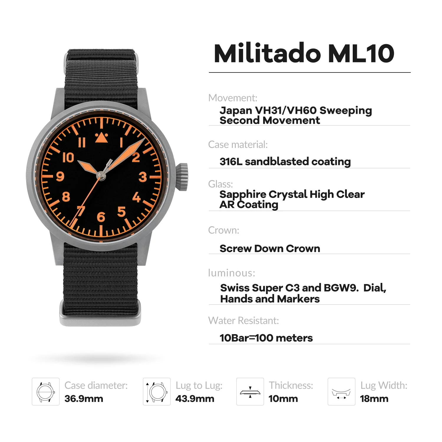 Militado 37mm Sapphire Crystal Retro Flieger Pilot Watch Ml10 V2 - Image 56