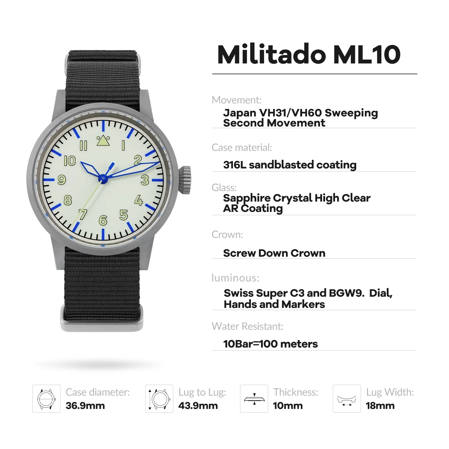 Militado 37mm Sapphire Crystal Retro Flieger Pilot Watch Ml10 V2 - Image 57