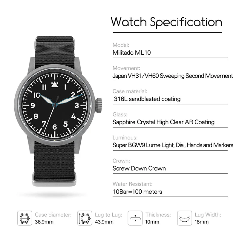 Militado 37mm Sapphire Crystal Retro Flieger Pilot Watch Ml10 V2 - Image 58