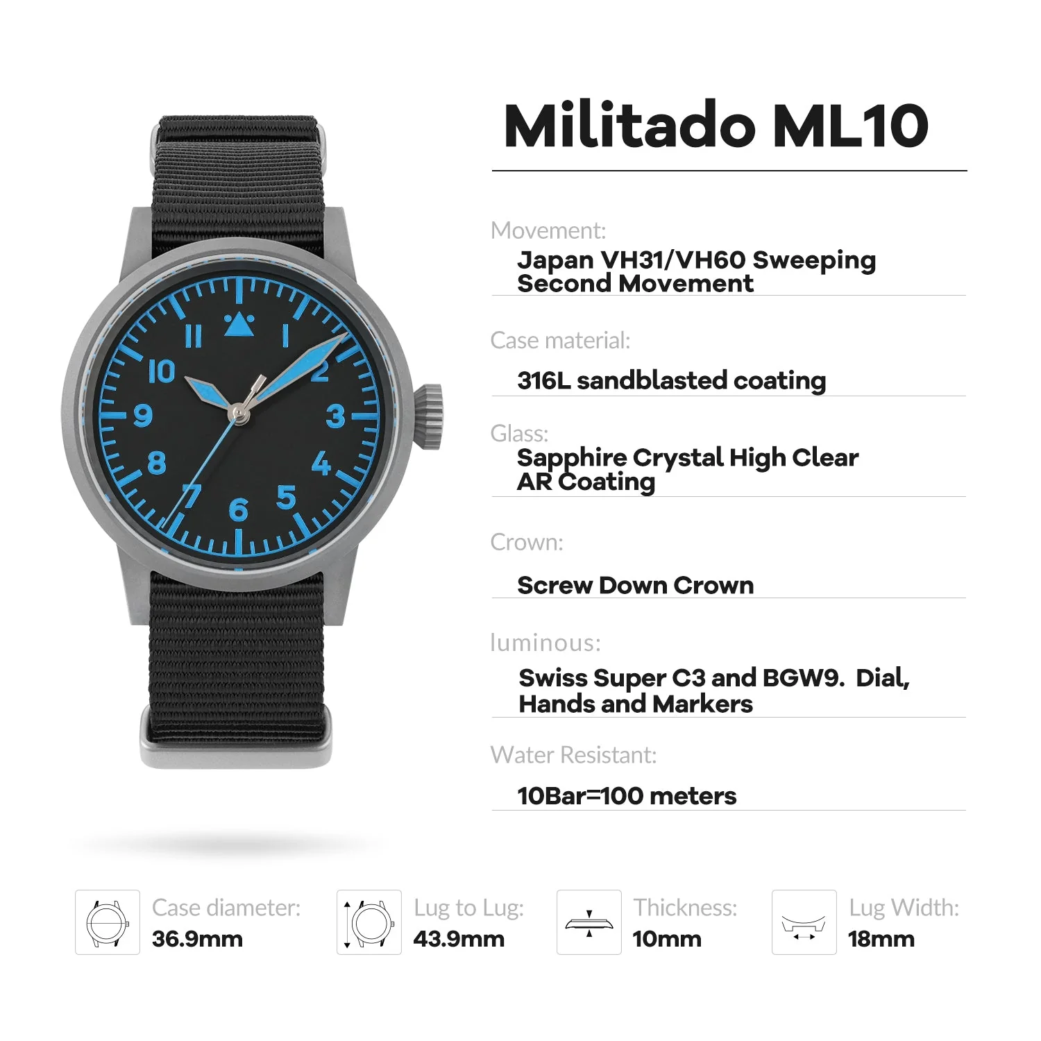 Militado 37mm Sapphire Crystal Retro Flieger Pilot Watch Ml10 V2 - Image 59