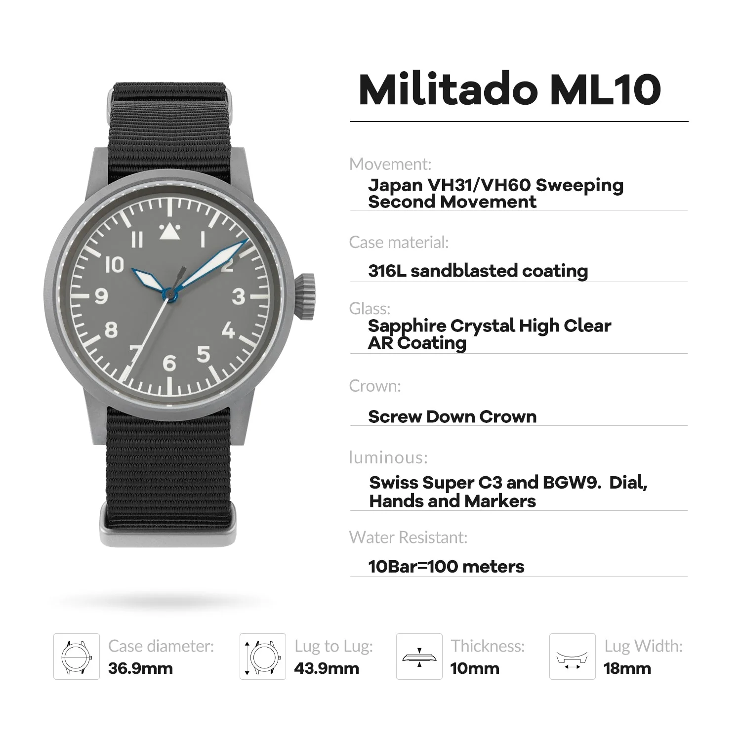 Militado 37mm Sapphire Crystal Retro Flieger Pilot Watch Ml10 V2 - Image 60