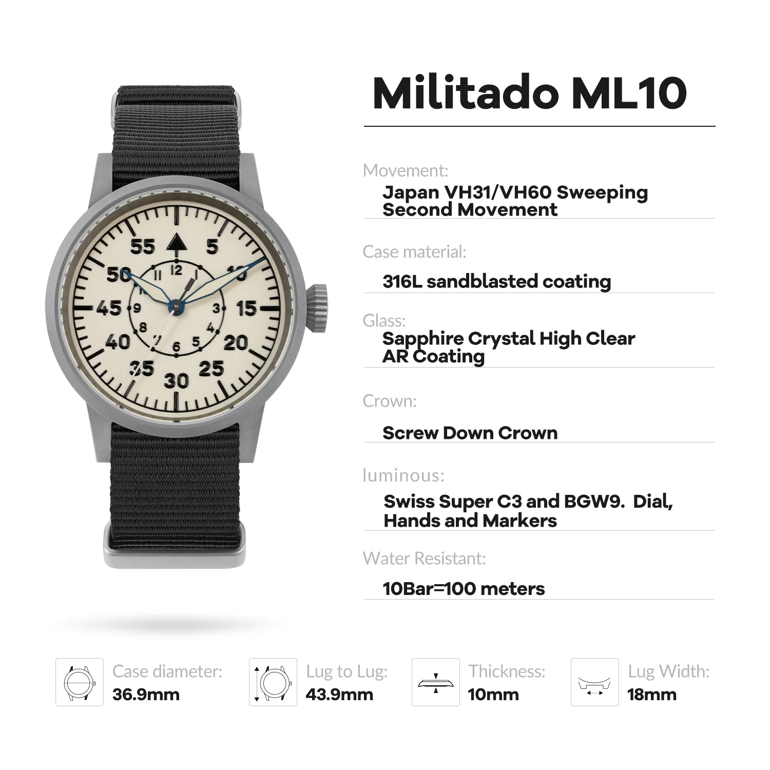 Militado 37mm Sapphire Crystal Retro Flieger Pilot Watch Ml10 V2 - Image 61