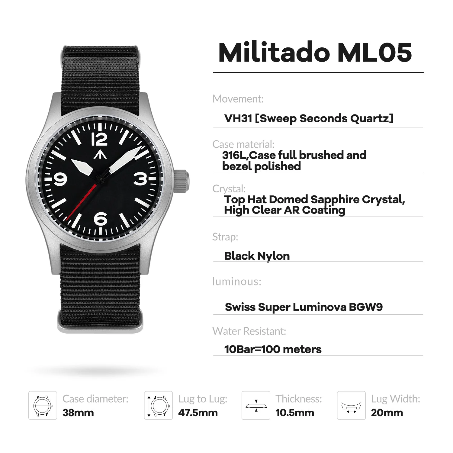 Militado 38mm Field Watch ML05 369 Dial - Image 16
