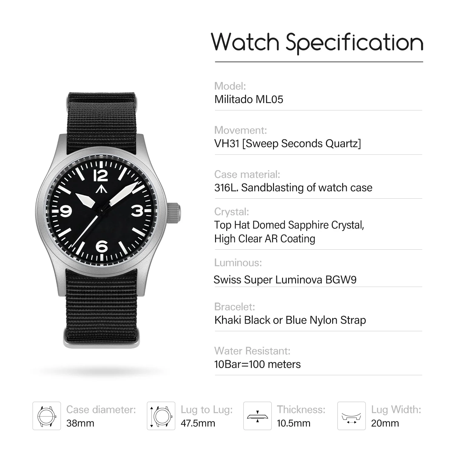 Militado 38mm Field Watch ML05 369 Dial - Image 9
