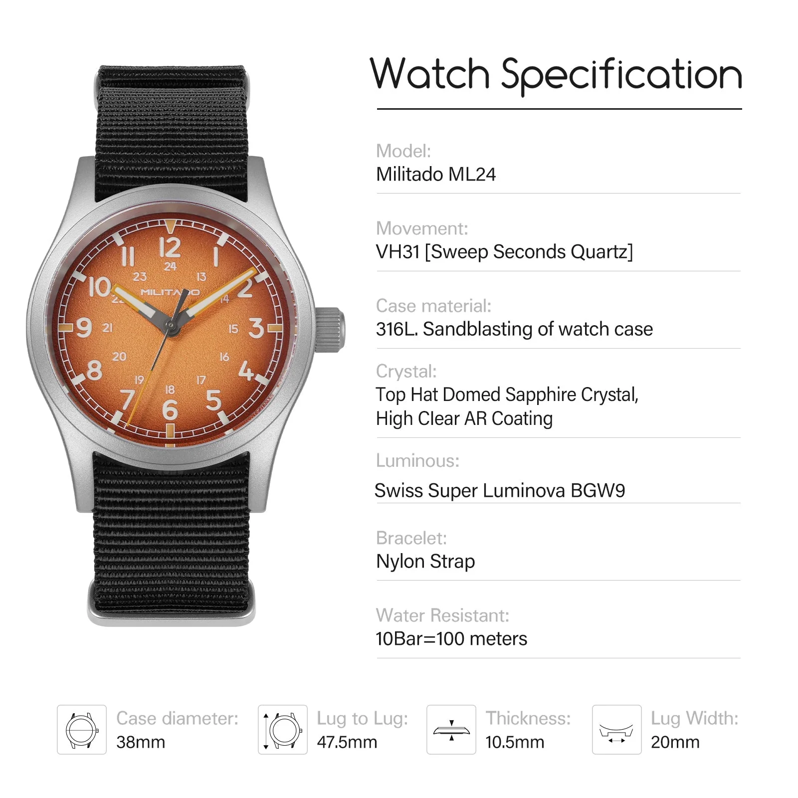 Militado 38mm Military Watch VH31 Sweeping Hand Movt Watch ML24 - Image 12