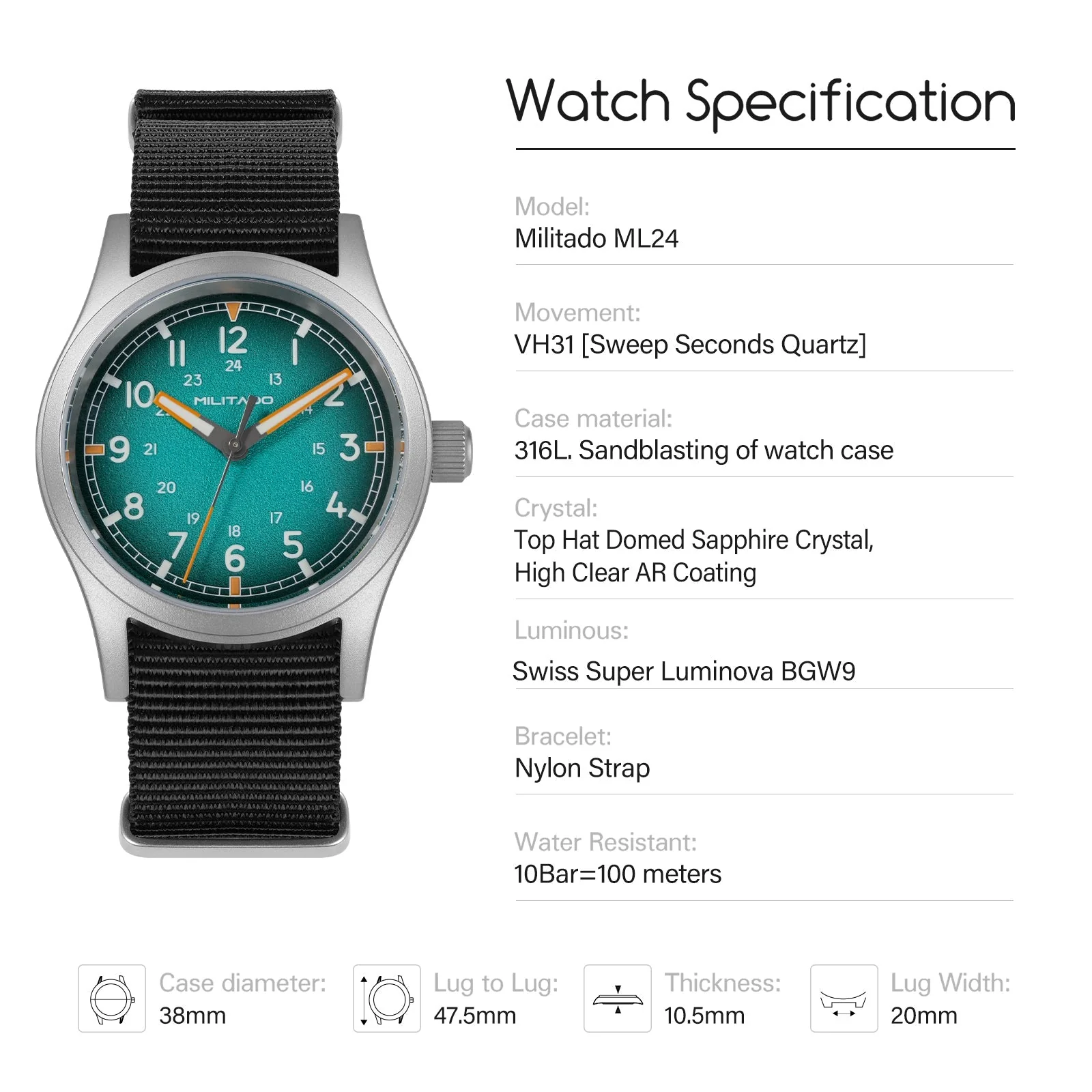 Militado 38mm Military Watch VH31 Sweeping Hand Movt Watch ML24 - Image 6