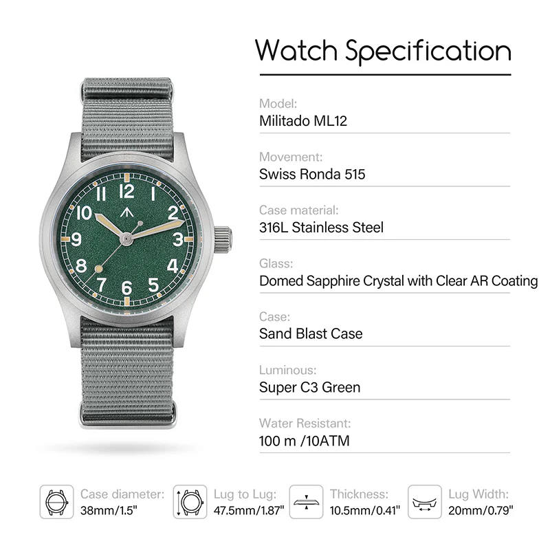 Militado 38mm Stainless Steel Military Watch Ml12 - Image 3
