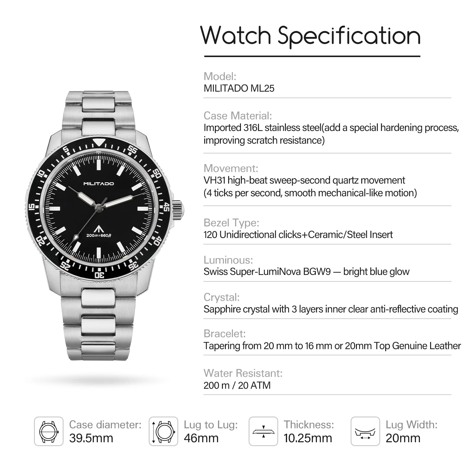 Militado 39.5mm Men Watch VH31 Sweeping Movt ML25 - Image 16
