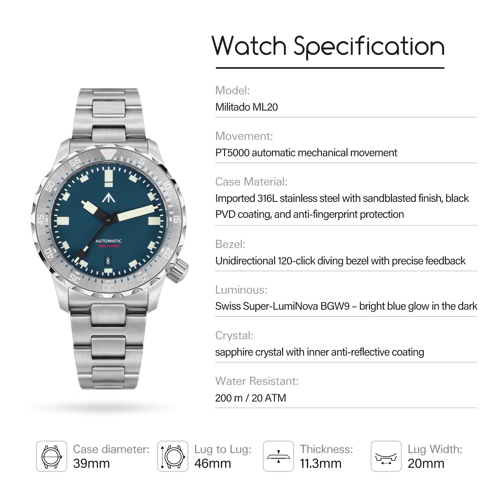 Militado 39mm Dive Watch PT5000 Automatic Mech Watch ML20 - Image 42