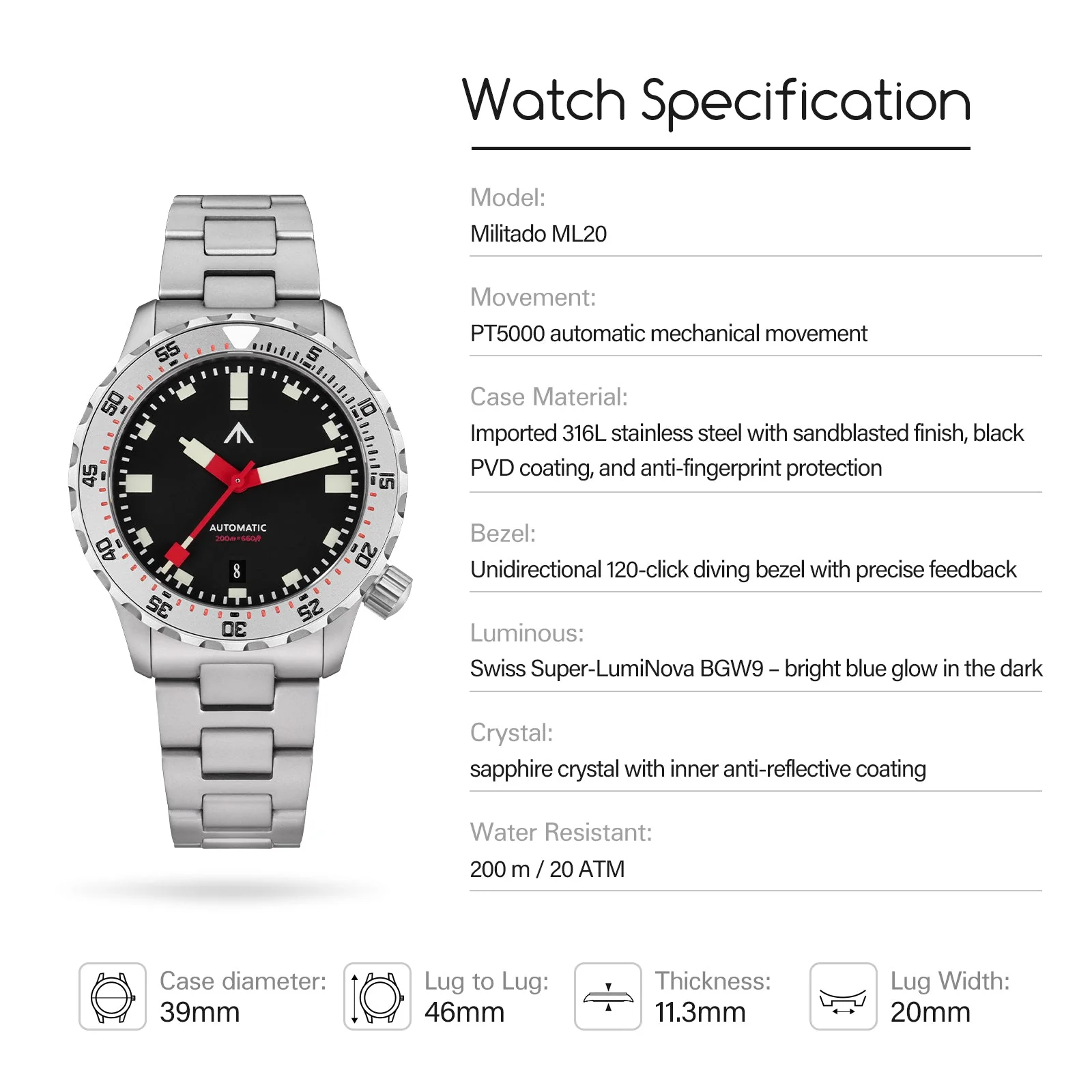 Militado 39mm Dive Watch PT5000 Automatic Mech Watch ML20 - Image 8