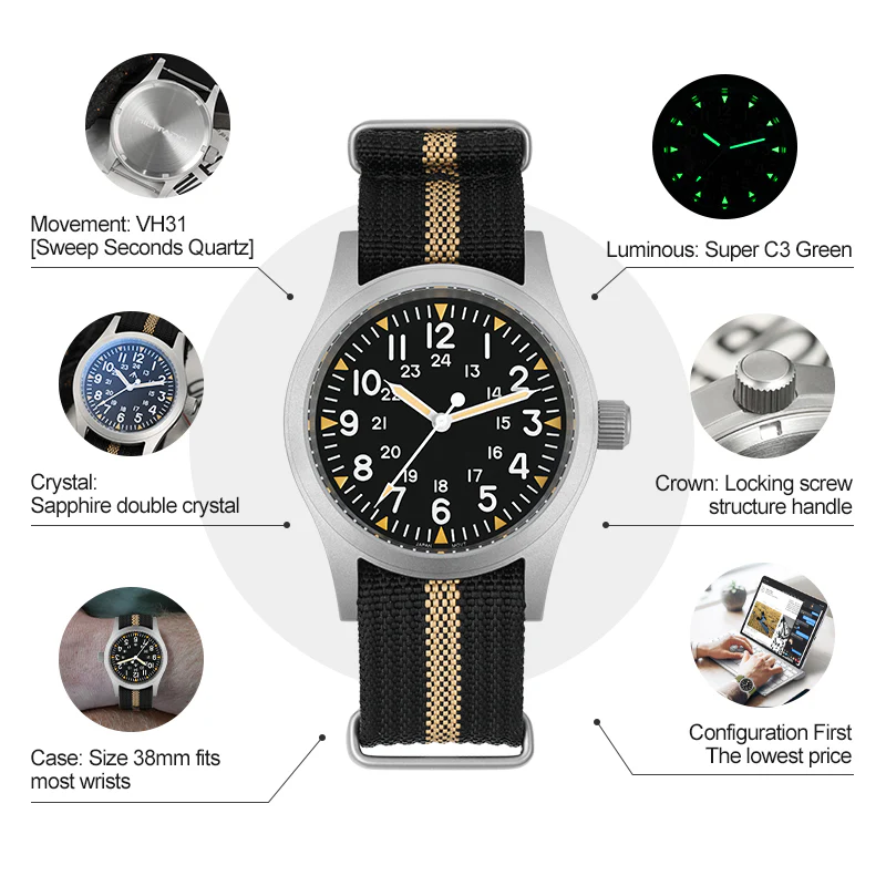 Militado 38mm Sapphire Crystal Pilot Field Watch ML05 - Image 19