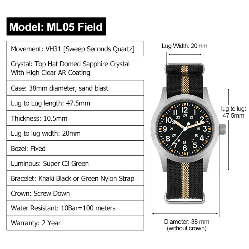Militado 38mm Sapphire Crystal Pilot Field Watch ML05 - Image 21