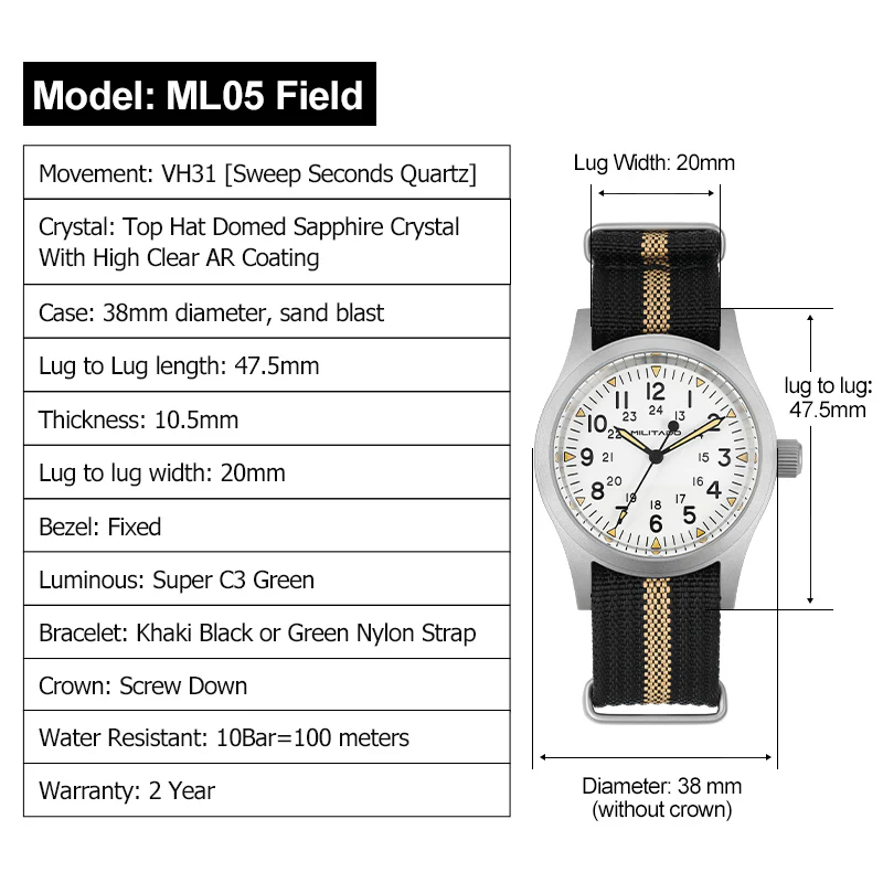 Militado 38mm Sapphire Crystal Pilot Field Watch ML05 - Image 29