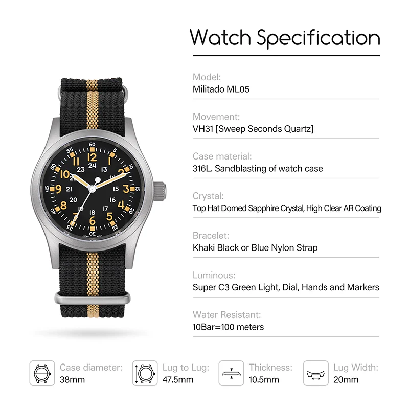 Militado 38mm Sapphire Crystal Pilot Field Watch ML05 - Image 37