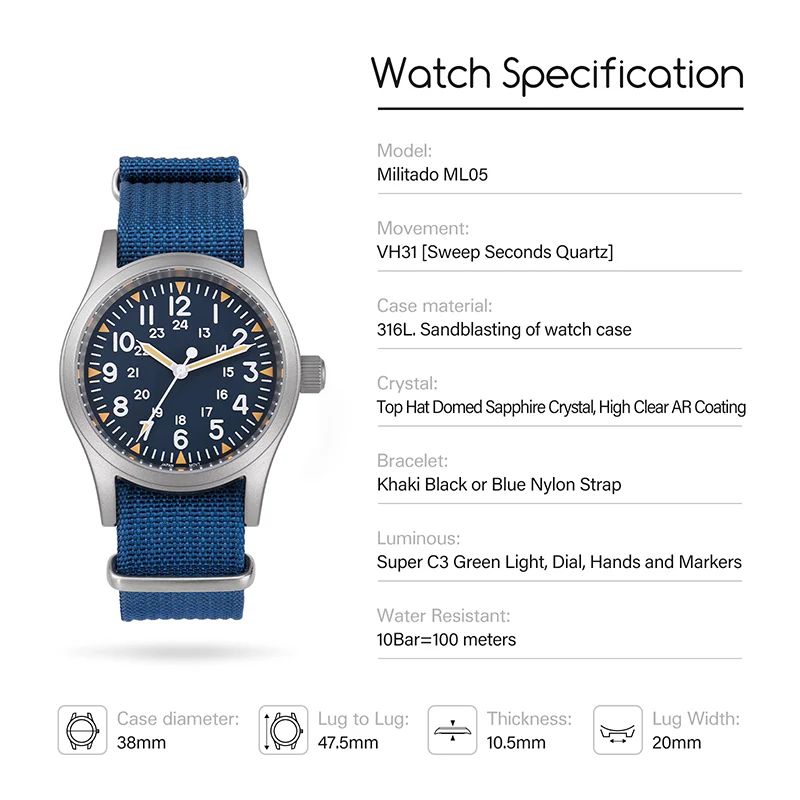 Militado 38mm Sapphire Crystal Pilot Field Watch ML05 - Image 40