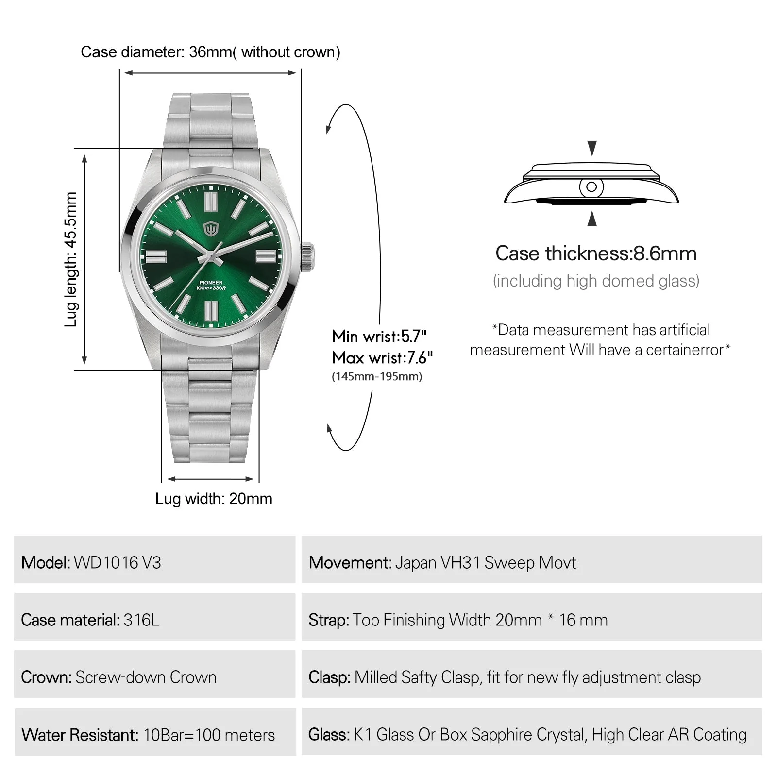 Watchdives WD1016B 37mm Pioneer VH31 Men Watch - Image 7