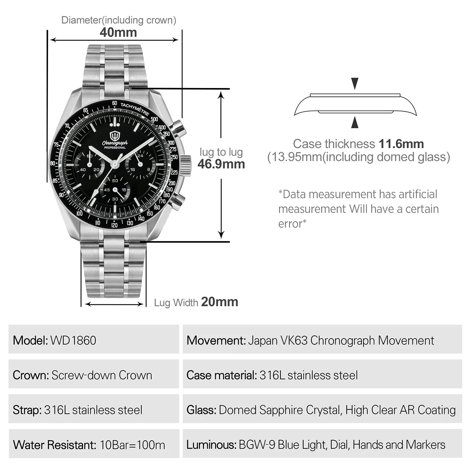 Watchdives 40mm WD1860 VK63 Chronograph Watch - Image 16