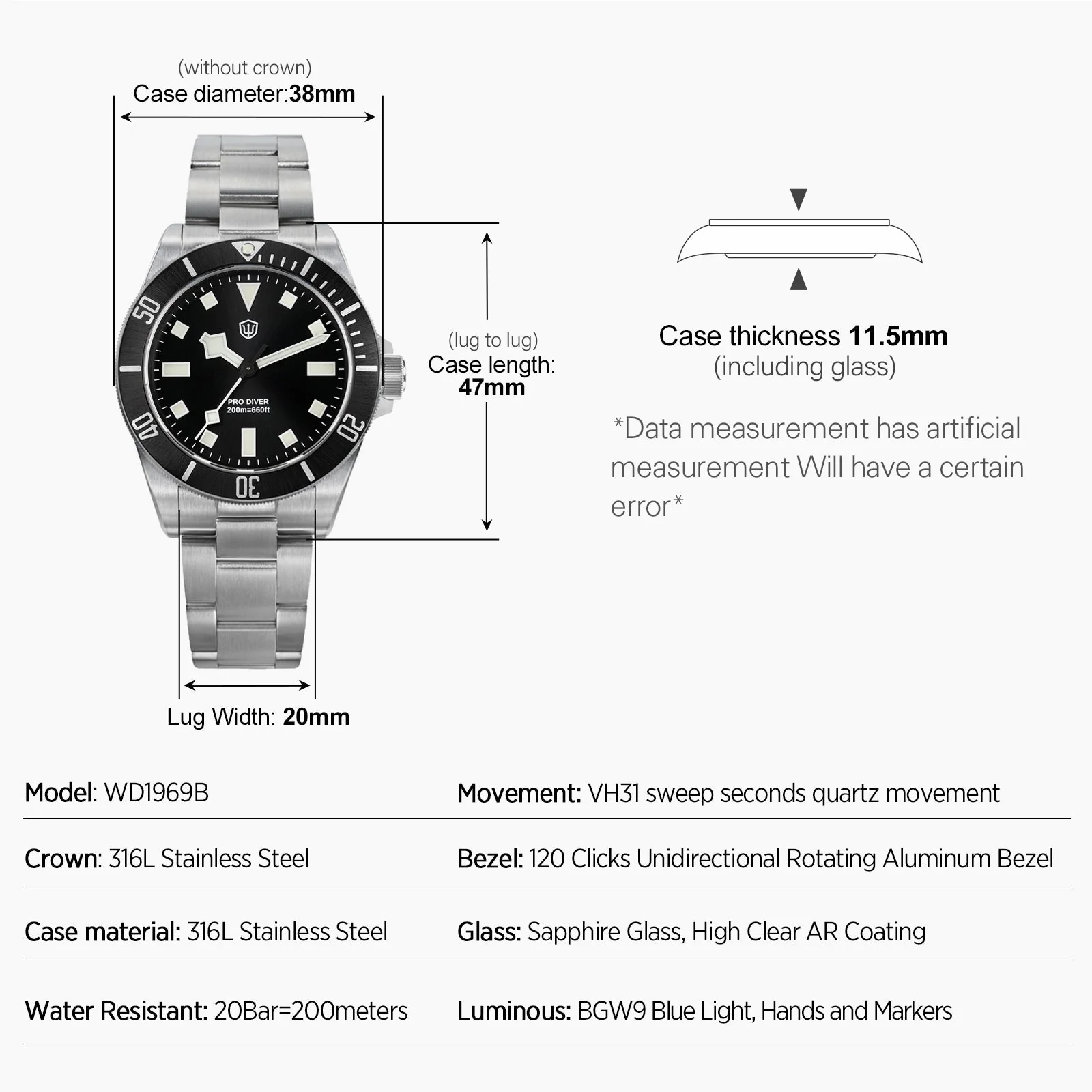 Watchdives WD1969B PRO 38mm VH31 Dive Watch - Image 3